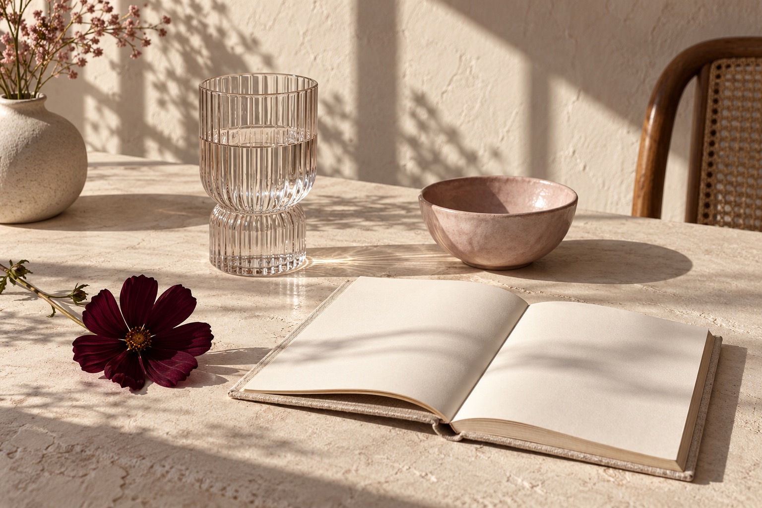 Un carnet ouvert, une fleur et un verre d’eau sur une table